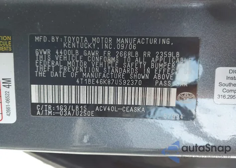 2007 Toyota Camry Se z USA, uszkodzony, nr VIN 4T1BE46K87U592370